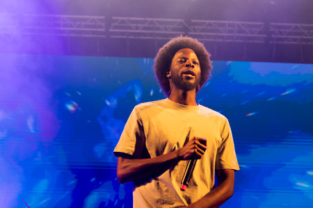 FARO, PORTUGAL: 6th SEPTEMBER, 2024 - Music artist, Papillon, performs on Festival F, a big festival on the city of Faro, Portugal.のeditorial素材