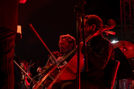 FARO, PORTUGAL: 6th SEPTEMBER, 2024 - Music artist, Capitao Fausto and Orquestra do Algarve, performs on Festival F, a big festival on the city of Faro, Portugal.のeditorial素材