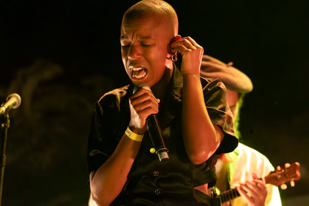 FARO, PORTUGAL: 6th SEPTEMBER, 2024 - Music artist, Acacia Maior , performs on Festival F, a big festival on the city of Faro, Portugal.のeditorial素材