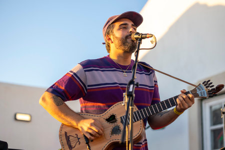 FARO, PORTUGAL: 6th SEPTEMBER, 2024 - Music artist, Romeu Bairos, performs on Festival F, a big festival on the city of Faro, Portugal.のeditorial素材