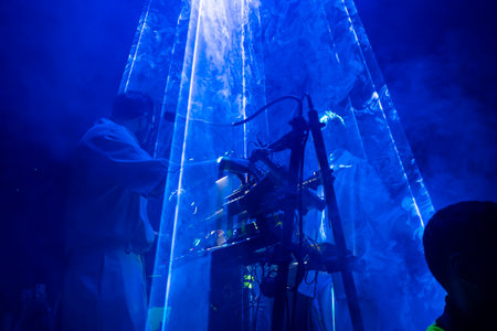 FARO, PORTUGAL: 6th SEPTEMBER, 2024 - Music artist, Moullinex and GPU Panic , performs on Festival F, a big festival on the city of Faro, Portugal.のeditorial素材