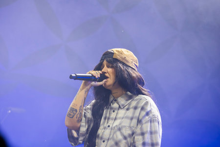 FARO, PORTUGAL: 6th SEPTEMBER, 2024 - Music artist, Carolina Deslandes, performs on Festival F, a big festival on the city of Faro, Portugal.のeditorial素材