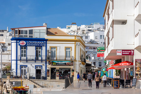 ALBUFEIRA, PORTUGAL - 9th NOVEMBER 2024: Albufeira city downtown next to beach urban viewpoint.のeditorial素材
