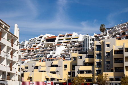 ALBUFEIRA, PORTUGAL - 9th NOVEMBER 2024: Albufeira city downtown next to beach urban viewpoint.のeditorial素材