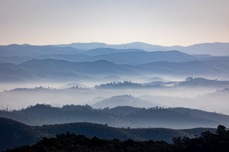 Fog condensation on the mountains of the Monchique region, Alferce, Portugal.の写真素材