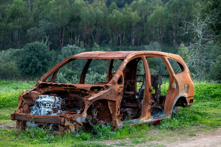 Burned out vehicle in the woods, rusted metal.の写真素材