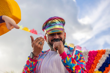 QUARTEIRA, PORTUGAL - 13th FEB 2024: Colorful Carnival (Carnaval) Parade festival participants on Quarteira city, Portugal.のeditorial素材