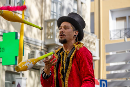 LOULE, PORTUGAL - 17th FEB 2024: Colorful Carnival (Carnaval) Parade festival participants on Loule city, Portugal.のeditorial素材
