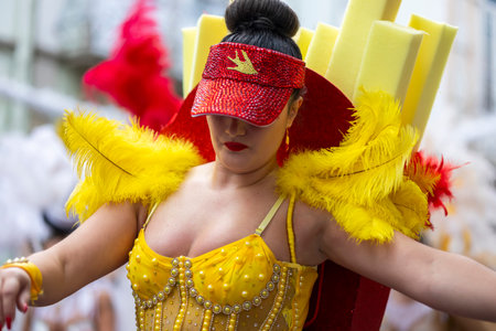 LOULE, PORTUGAL - 17th FEB 2024: Colorful Carnival (Carnaval) Parade festival participants on Loule city, Portugal.のeditorial素材
