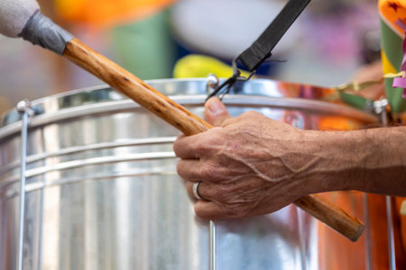 Detail of band drums in a Carnival parade festival participants on Loule city, Portugal.の写真素材