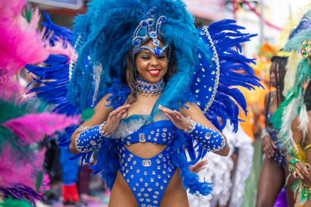 LOULE, PORTUGAL - 17th FEB 2024: Colorful Carnival (Carnaval) Parade festival participants on Loule city, Portugal.のeditorial素材