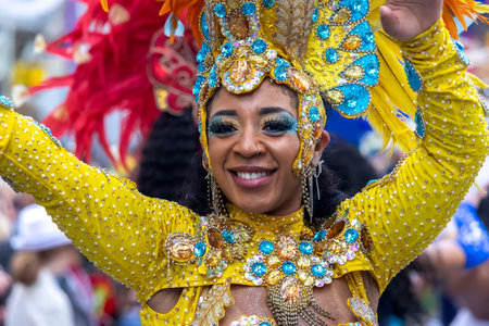 LOULE, PORTUGAL - 17th FEB 2024: Colorful Carnival (Carnaval) Parade festival participants on Loule city, Portugal.のeditorial素材