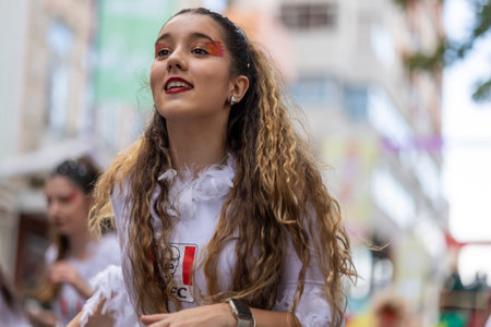 LOULE, PORTUGAL - 17th FEB 2024: Colorful Carnival (Carnaval) Parade festival participants on Loule city, Portugal.のeditorial素材