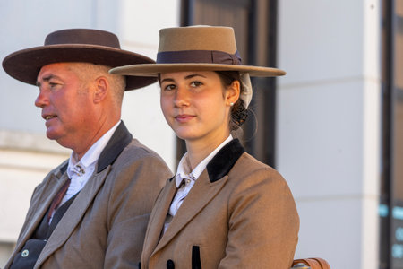 SAO BRAS DE ALPORTE, PORTUGAL - 4th MAY 2024: Period representation event of Carriage coupling traditional event with beautiful carriages with horses and person dressed for the occasion.のeditorial素材