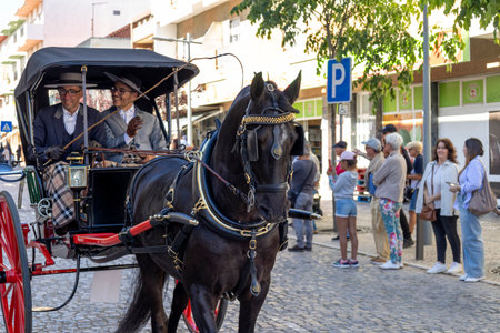 SAO BRAS DE ALPORTE, PORTUGAL - 4th MAY 2024: Period representation event of Carriage coupling traditional event with beautiful carriages with horses and person dressed for the occasion.のeditorial素材