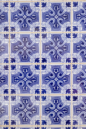 Typical azulejo artwork of Portugal. Typical details of azulejo ceramics artwork located in the village of Sao Bras de Alportel, Portugalの写真素材