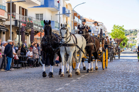 SAO BRAS DE ALPORTE, PORTUGAL - 4th MAY 2024: Period representation event of Carriage coupling traditional event with beautiful carriages with horses and person dressed for the occasion.のeditorial素材