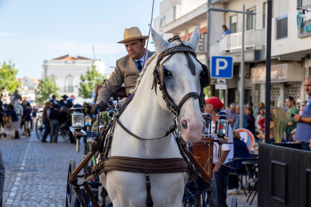 SAO BRAS DE ALPORTE, PORTUGAL - 4th MAY 2024: Period representation event of Carriage coupling traditional event with beautiful carriages with horses and person dressed for the occasion.のeditorial素材