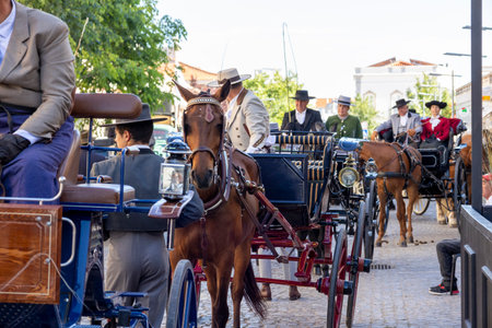 SAO BRAS DE ALPORTE, PORTUGAL - 4th MAY 2024: Period representation event of Carriage coupling traditional event with beautiful carriages with horses and person dressed for the occasion.のeditorial素材