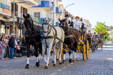 SAO BRAS DE ALPORTE, PORTUGAL - 4th MAY 2024: Period representation event of Carriage coupling traditional event with beautiful carriages with horses and person dressed for the occasion.のeditorial素材