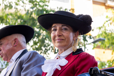SAO BRAS DE ALPORTE, PORTUGAL - 4th MAY 2024: Period representation event of Carriage coupling traditional event with beautiful carriages with horses and person dressed for the occasion.のeditorial素材