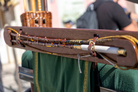 SAO BRAS DE ALPORTE, PORTUGAL - 4th MAY 2024: Whip detail, Period representation event of Carriage coupling traditional event with beautiful carriages with horses and person dressed for the occasion.のeditorial素材