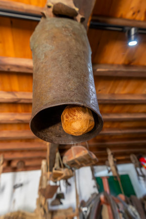 Close up view of an vintage old cowbell on a museum.の写真素材