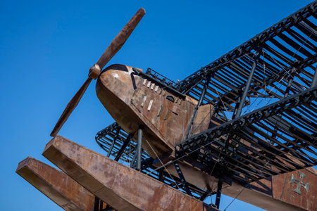SAO BRAS DE ALPORTEL, PORTUGAL: 4th MAY, 2024 - First aerial crossing of the South Atlantic made by Gago Coutinho and Sacadura Cabral replica seaplane monument.のeditorial素材
