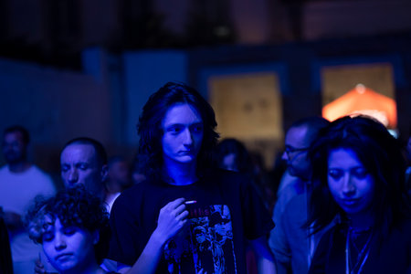 FARO, PORTUGAL: 5th SEPTEMBER, 2024 - Audience watch music artist in the Music Festival F, a big festival on the city of Faro, Portugalのeditorial素材