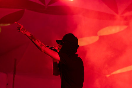FARO, PORTUGAL: 5th SEPTEMBER, 2024 - Music artist, Lon3r Johny artist performs on Festival F, a big festival on the city of Faro, Portugal.のeditorial素材