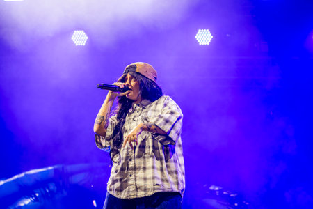 FARO, PORTUGAL: 6th SEPTEMBER, 2024 - Music artist, Carolina Deslandes, performs on Festival F, a big festival on the city of Faro, Portugal.のeditorial素材