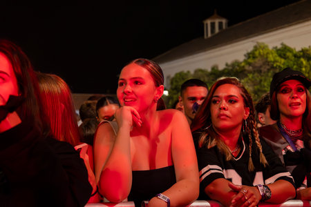 FARO, PORTUGAL: 5th SEPTEMBER, 2024 - Audience watch music artist in the Music Festival F, a big festival on the city of Faro, Portugalのeditorial素材