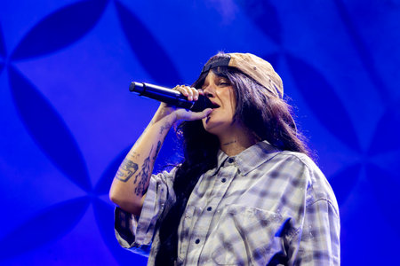 FARO, PORTUGAL: 6th SEPTEMBER, 2024 - Music artist, Carolina Deslandes, performs on Festival F, a big festival on the city of Faro, Portugal.のeditorial素材