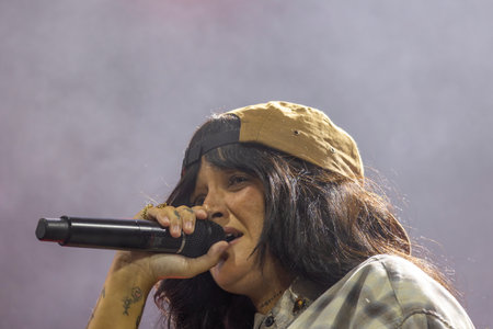 FARO, PORTUGAL: 6th SEPTEMBER, 2024 - Music artist, Carolina Deslandes, performs on Festival F, a big festival on the city of Faro, Portugal.のeditorial素材