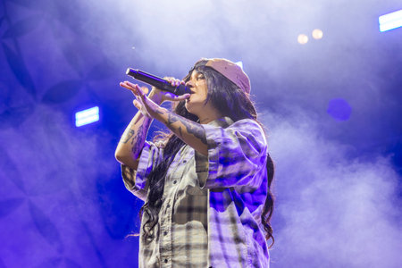 FARO, PORTUGAL: 6th SEPTEMBER, 2024 - Music artist, Carolina Deslandes, performs on Festival F, a big festival on the city of Faro, Portugal.のeditorial素材