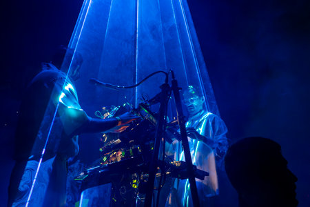 FARO, PORTUGAL: 6th SEPTEMBER, 2024 - Music artist, Moullinex and GPU Panic , performs on Festival F, a big festival on the city of Faro, Portugal.のeditorial素材