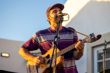 FARO, PORTUGAL: 6th SEPTEMBER, 2024 - Music artist, Romeu Bairos, performs on Festival F, a big festival on the city of Faro, Portugal.のeditorial素材