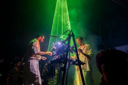 FARO, PORTUGAL: 6th SEPTEMBER, 2024 - Music artist, Moullinex and GPU Panic , performs on Festival F, a big festival on the city of Faro, Portugal.のeditorial素材