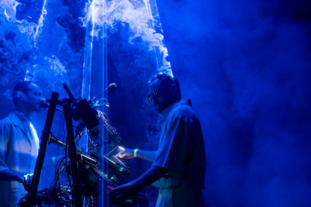 FARO, PORTUGAL: 6th SEPTEMBER, 2024 - Music artist, Moullinex and GPU Panic , performs on Festival F, a big festival on the city of Faro, Portugal.のeditorial素材