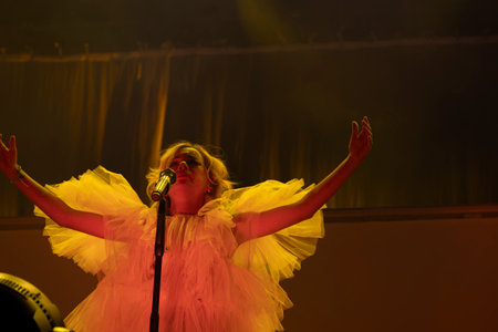 FARO, PORTUGAL: 6th SEPTEMBER, 2024 - Music artist, Marisa Liz, performs on Festival F, a big festival on the city of Faro, Portugal.のeditorial素材