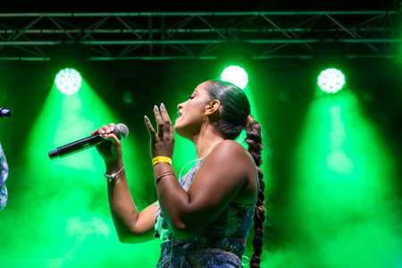 FARO, PORTUGAL: 6th SEPTEMBER, 2024 - Music artist, Art Musa, performs on Festival F, a big festival on the city of Faro, Portugal.のeditorial素材