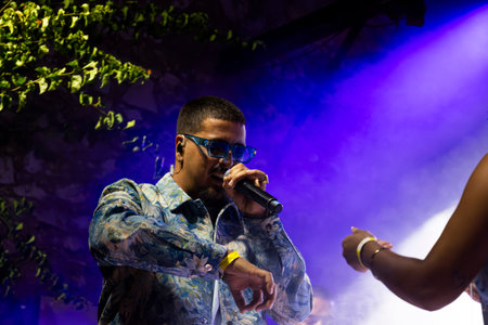 FARO, PORTUGAL: 6th SEPTEMBER, 2024 - Music artist, Art Musa, performs on Festival F, a big festival on the city of Faro, Portugal.のeditorial素材