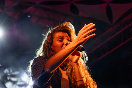 FARO, PORTUGAL: 6th SEPTEMBER, 2024 - Music artist, Milhanas, performs on Festival F, a big festival on the city of Faro, Portugal.のeditorial素材