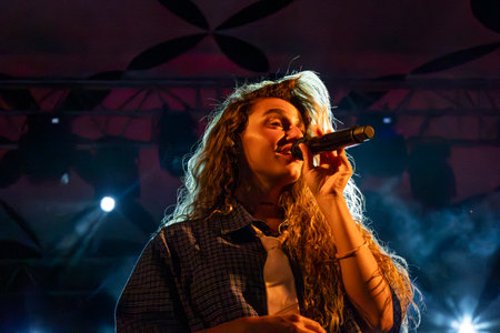 FARO, PORTUGAL: 6th SEPTEMBER, 2024 - Music artist, Milhanas, performs on Festival F, a big festival on the city of Faro, Portugal.のeditorial素材