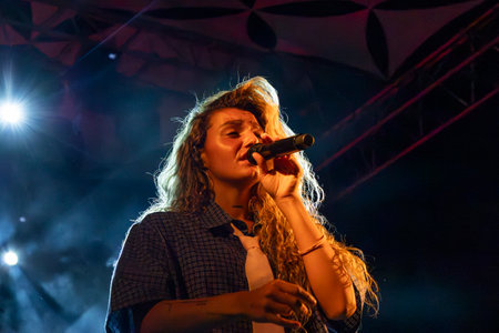 FARO, PORTUGAL: 6th SEPTEMBER, 2024 - Music artist, Milhanas, performs on Festival F, a big festival on the city of Faro, Portugal.のeditorial素材