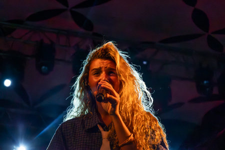 FARO, PORTUGAL: 6th SEPTEMBER, 2024 - Music artist, Milhanas, performs on Festival F, a big festival on the city of Faro, Portugal.のeditorial素材