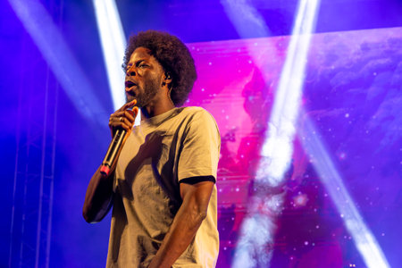 FARO, PORTUGAL: 6th SEPTEMBER, 2024 - Music artist, Papillon, performs on Festival F, a big festival on the city of Faro, Portugal.のeditorial素材