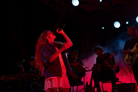 FARO, PORTUGAL: 6th SEPTEMBER, 2024 - Music artist, Milhanas, performs on Festival F, a big festival on the city of Faro, Portugal.のeditorial素材