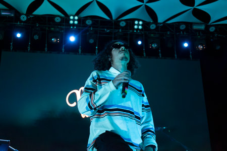 FARO, PORTUGAL: 6th SEPTEMBER, 2024 - Music artist, Manga Limao, performs on Festival F, a big festival on the city of Faro, Portugal.のeditorial素材