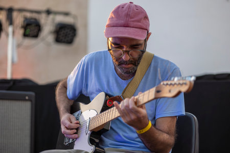 FARO, PORTUGAL: 7th SEPTEMBER, 2024 - Music artist, Norberto Lobo, performs on Festival F, a big festival on the city of Faro, Portugal.のeditorial素材